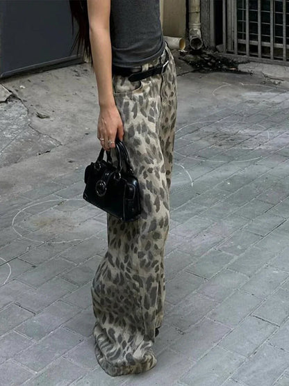 Cralom Vintage Distressed Leopard Jeans: High Waist Wide Leg Pants