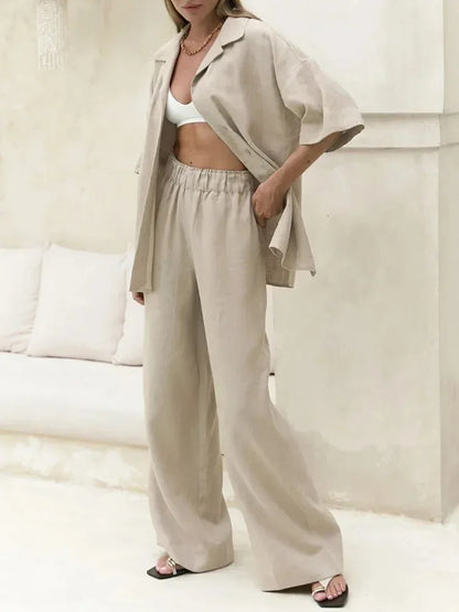 Cralom 2025 Summer Casual Cotton 2-Piece Set: Short-Sleeved Shirt & Loose Pants