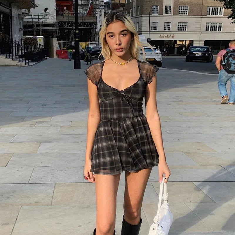 Cralom Lattice Pattern A-Line Mini Dress: 2021 Summer Casual Streetwear