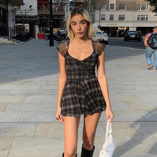 Cralom Lattice Pattern A-Line Mini Dress: 2021 Summer Casual Streetwear