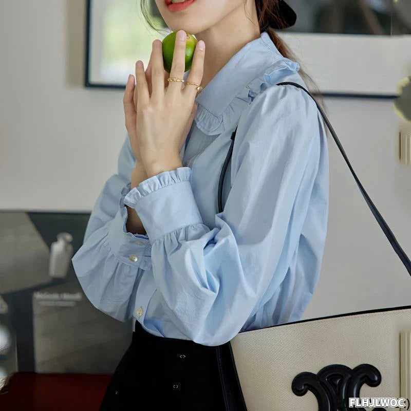 Cralom Blue Cotton Peter Pan Collar Blouse: 2023 Summer Chic Women's Shirt