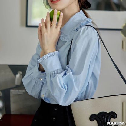 Cralom Blue Cotton Peter Pan Collar Blouse: 2023 Summer Chic Women's Shirt