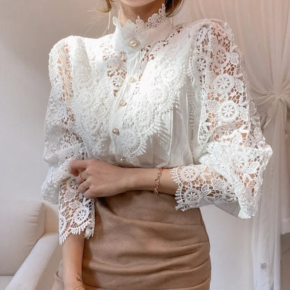 Cralom Lace Half Turtleneck Top: Elegant Office Style, Long Sleeve Blouse