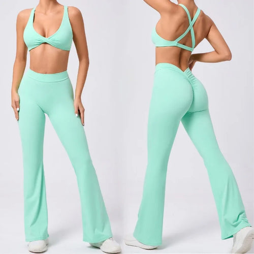 Cralom Flared Pants & Beauty Back Bra Set - Brushed Fabric Yoga Suit