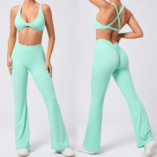 Cralom Flared Pants & Beauty Back Bra Set - Brushed Fabric Yoga Suit
