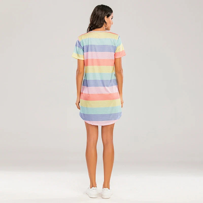 Cralom Rainbow Stripe Nightgown: Short Sleeve Loose Fit Women's Sleepwear & Summer Lounge Dress