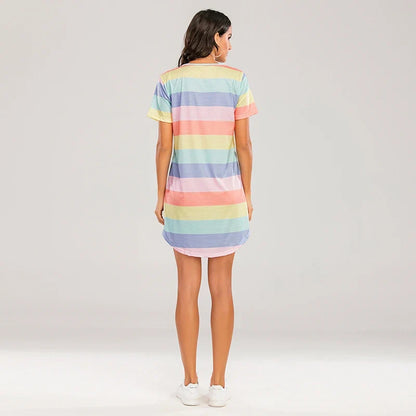 Cralom Rainbow Stripe Nightgown: Short Sleeve Loose Fit Women's Sleepwear & Summer Lounge Dress