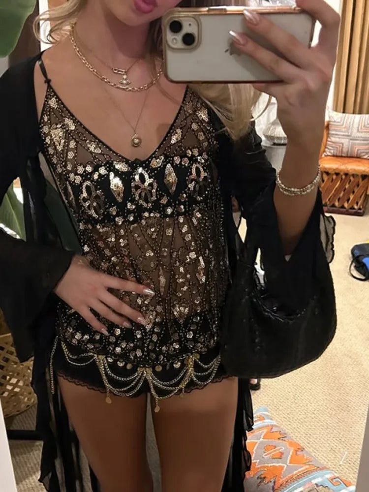 Cralom Sequin Beaded Tank Top: Glitter Sleeveless Ruffle Pleated Party Crop Sling