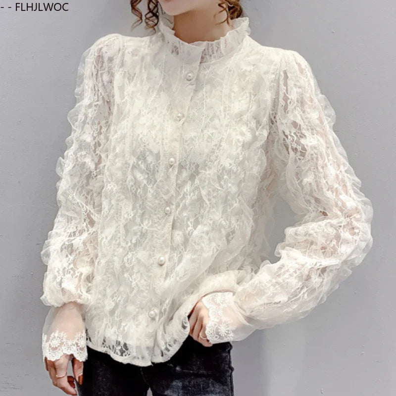 Cralom Women's Lace Ruffled White Turtleneck Blouse Elegant Office Lady Chic Top