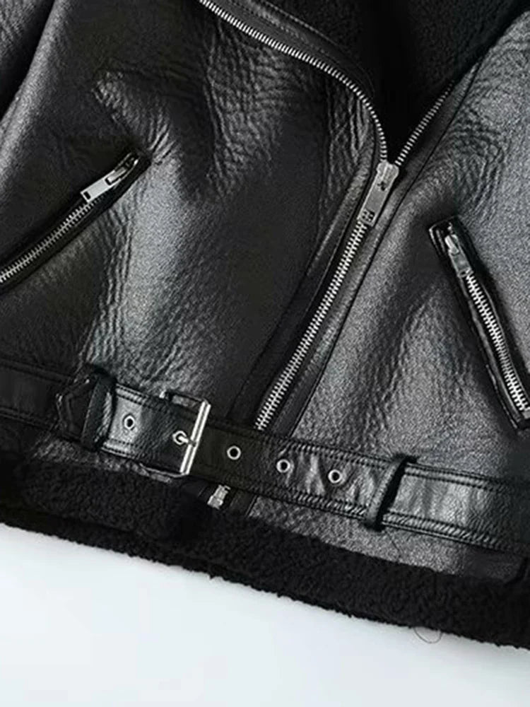 Cralom Women's Sheepskin Aviator Jacket Faux Leather Fur Winter Coat