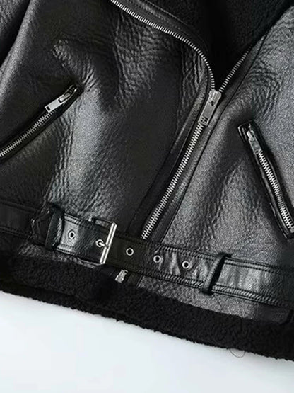 Cralom Women's Sheepskin Aviator Jacket Faux Leather Fur Winter Coat