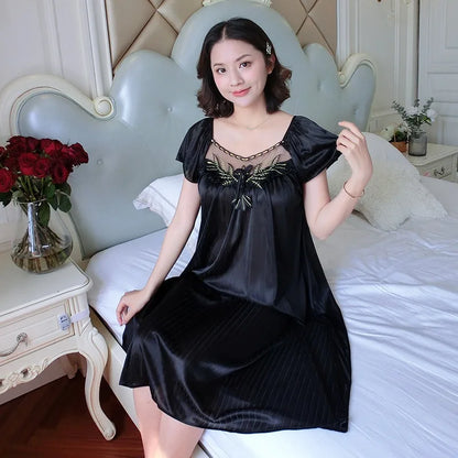 Cralom Women's Silk Nightgown: Medium Length Short Sleeve Nightdress Sleepwear Pyjama Loungewear