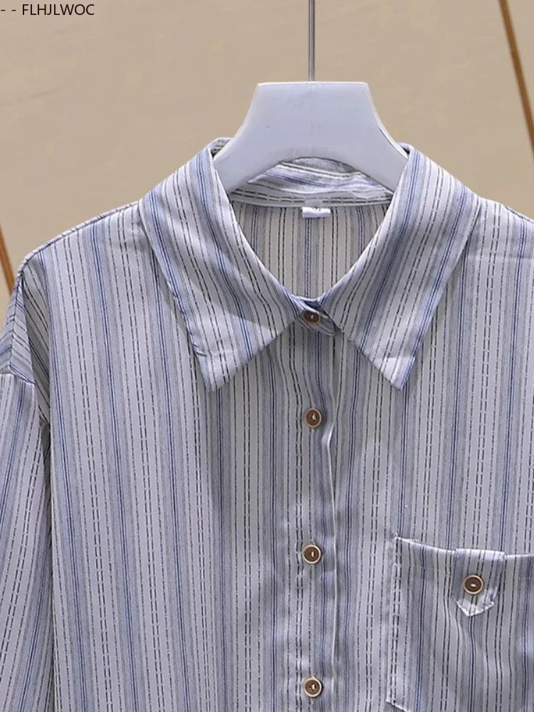 Cralom Striped Button Shirt Women Long Sleeve Office Blouse Casual Retro Design