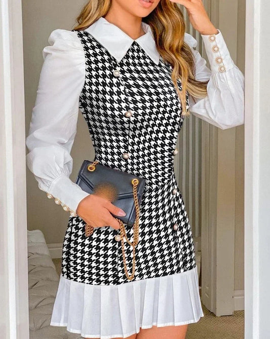 Cralom Houndstooth Button Decor Puff Sleeve Dress