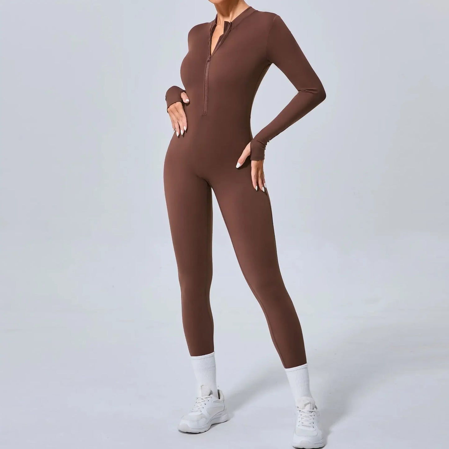 Cralom Seamless Front Zip Yoga Bodysuit, Hip-Lifting Jumpsuit for Fitness & Gym