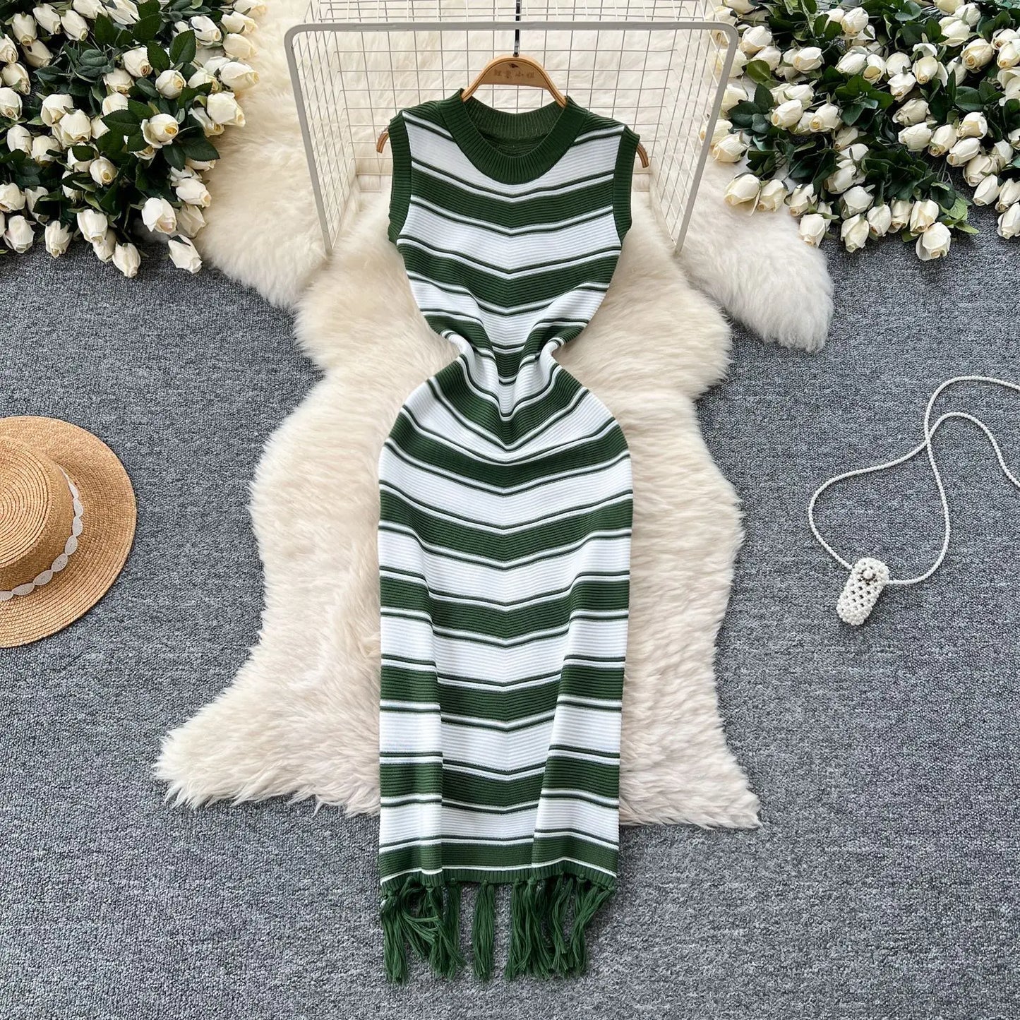 Cralom Ribbed Striped Tank Maxi Dress with Tassel Detail