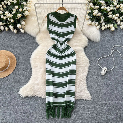 Cralom Ribbed Striped Tank Maxi Dress with Tassel Detail