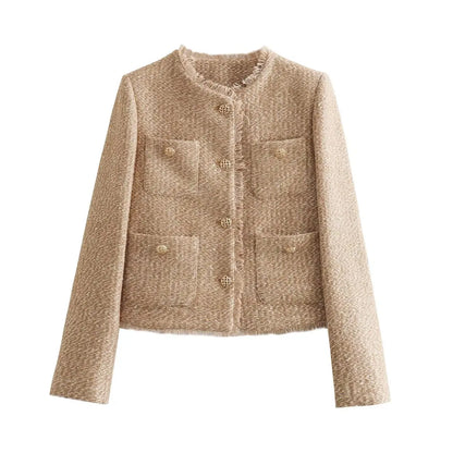 Cralom Solid Spliced Button Short Coat O Neck Long Sleeve Minimalist Women's Fashion