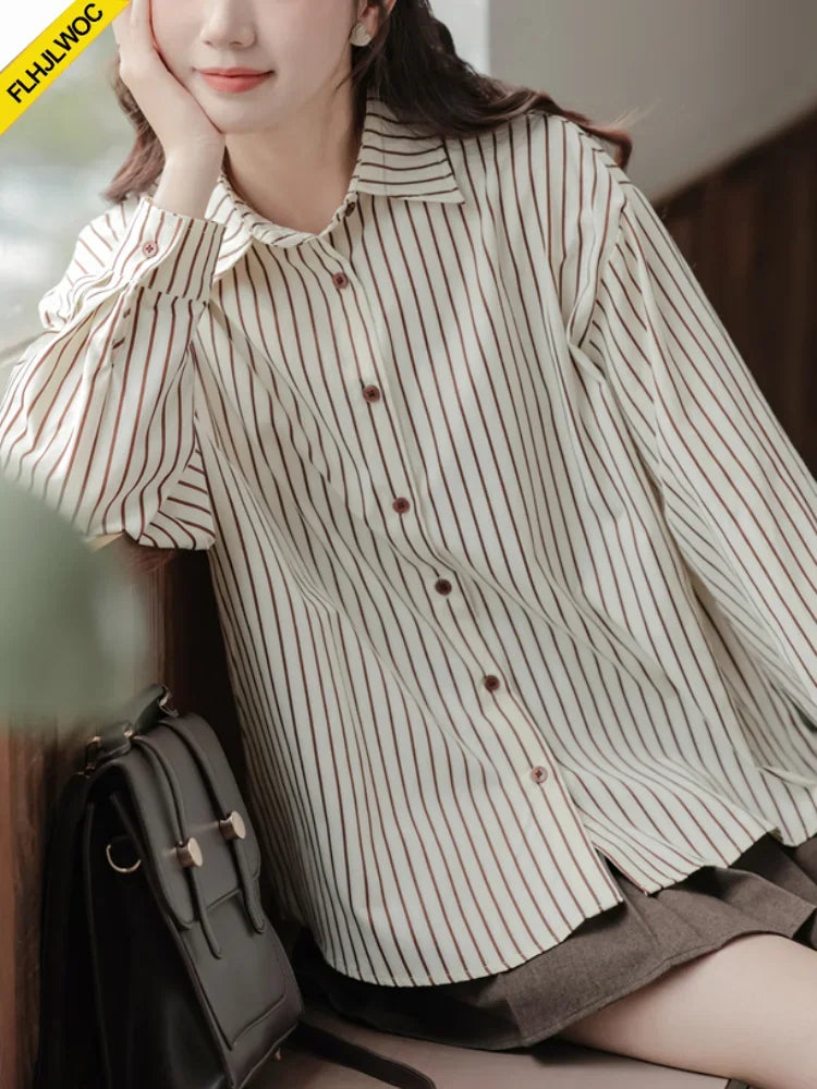Cralom Cotton Stripe Shirt 2024: Autumn Chic Office Lady Retro Button Boyfriend Shirt