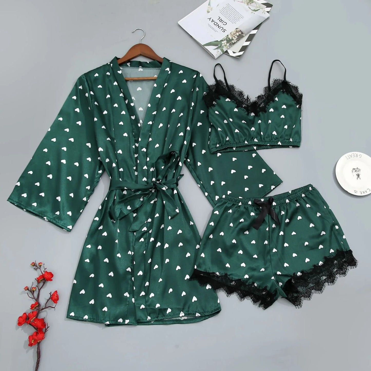 Cralom Women's Silk Pajama Set: Ice Silk Nightwear with Suspender Nightdress, Summer Homewear in Stylish Print