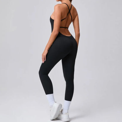 Cralom High-Cut Yoga Bodysuit: Adjustable Straps, Open Back, Butt Lifting Gym Wear