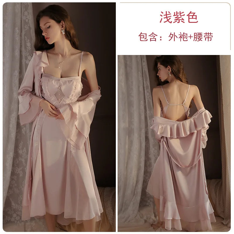 Cralom Silk Suspender Nightgown with Chest Pad, Elegant Nightwear for Women