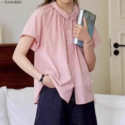 Cralom Short Sleeve Peter Pan Collar Top - Pink Vintage Summer Blouse