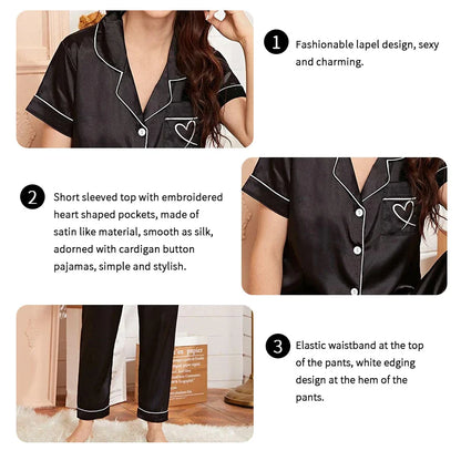 Cralom Women's Summer Pajama Set with Love Embroidery