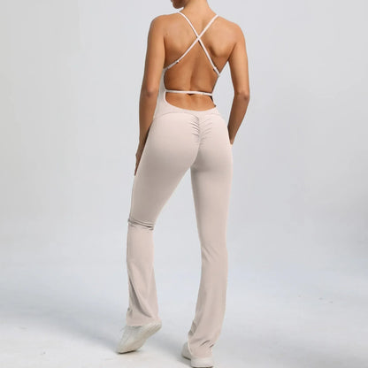 Cralom Seamless Yoga Set for Women, Open Back Flared Pants Gym Jumpsuit