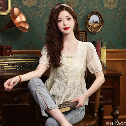 Cralom Embroidered Peplum Button Blouse | Women's Vintage Chic Slim Shirt