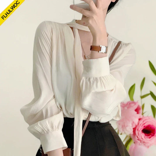 Cralom Classic Black Bow Tie Blouse Elegant Office Style Ruffled Long Sleeve Top