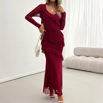 Cralom Women's V-Neck Mesh Dress: Solid Color, Slim Fit, Long-Sleeved. Suitable for Autumn & Winter.