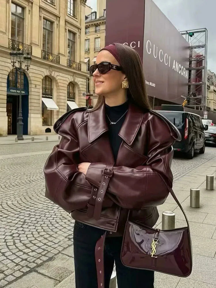 Cralom Faux Leather Bomber Jacket for Women's Streetwear Fashion