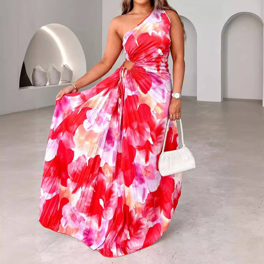 Cralom Lace Up Print Single Shoulder Dress
