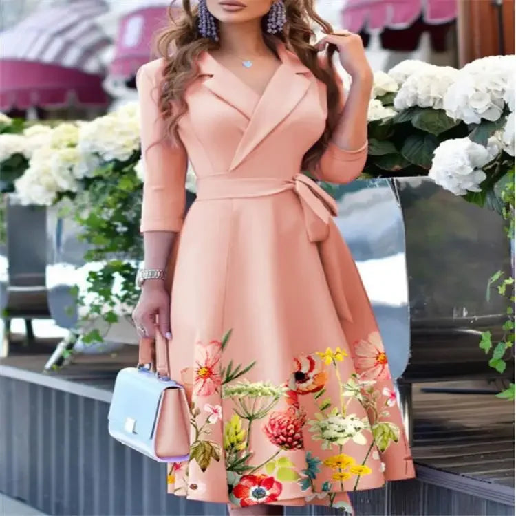 Cralom V-Neck Printed Long Sleeve Dress with Waist Cinching
