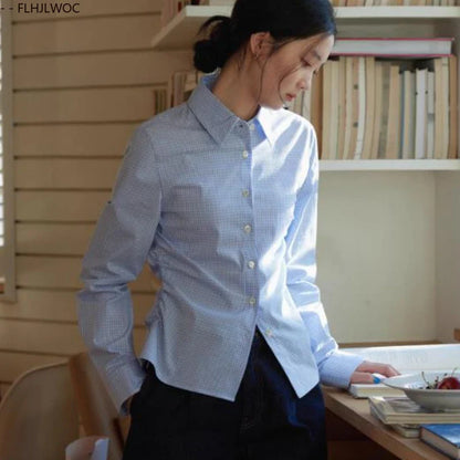 Cralom 2025 Spring Summer Plaid Button Blouse - Blue & White Slim Fit Office Top