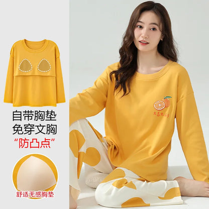 Cralom Cotton Pajama Set with Chest Pads, Long-sleeved Soft Sleepwear for Women
