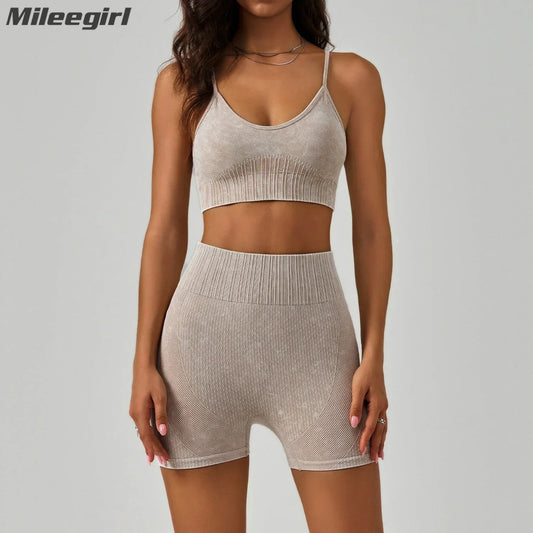 Cralom Sand Washed Seamless Yoga Set: Sports Bra & High Waist Gym Shorts