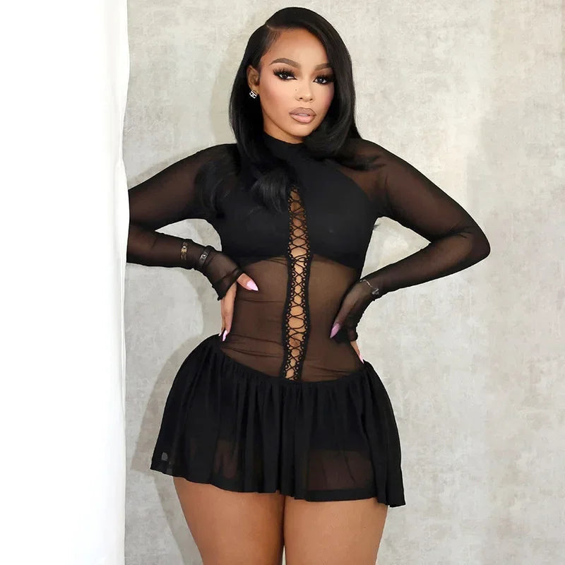 Cralom Long Sleeve Mesh Bodycon Mini Dress - Sexy Evening Night Club Style