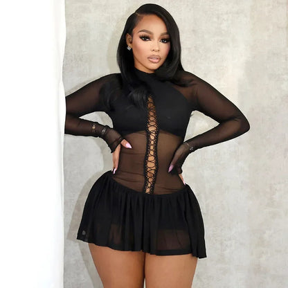 Cralom Long Sleeve Mesh Bodycon Mini Dress - Sexy Evening Night Club Style