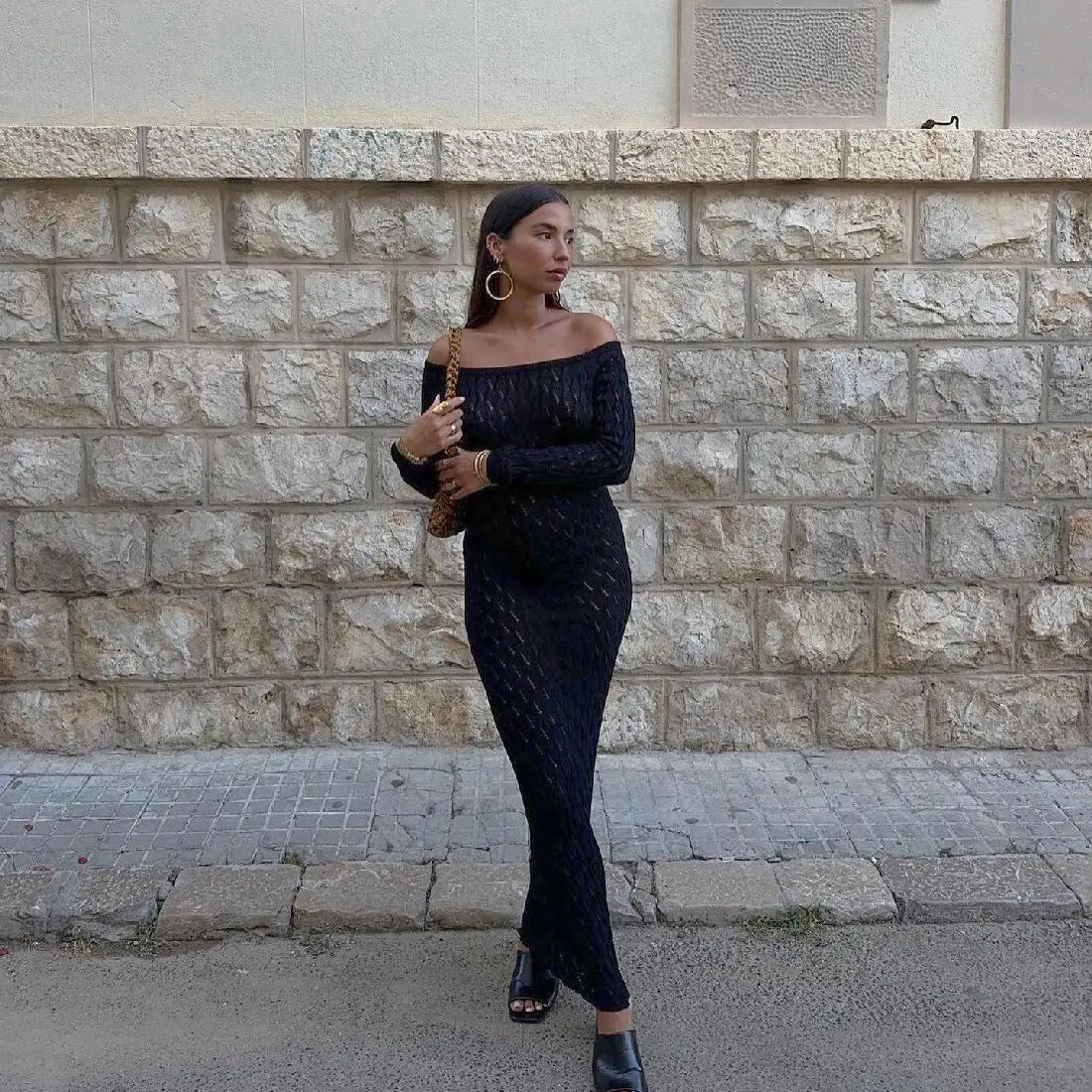 Cralom Off-Shoulder Knitted Long Dress with Elegant Hollow Out Design