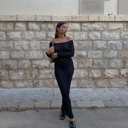 Cralom Off-Shoulder Knitted Long Dress with Elegant Hollow Out Design