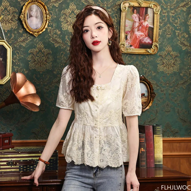 Cralom Embroidered Peplum Button Blouse | Women's Vintage Chic Slim Shirt