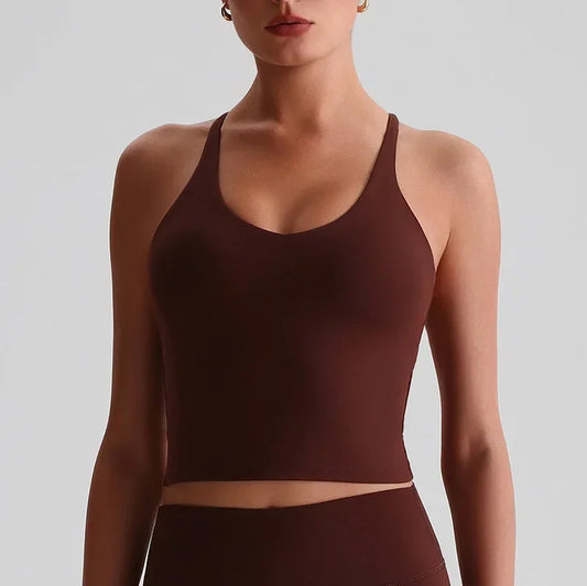 Cralom Nude Yoga Top with Detachable Chest Pads and Crossover Back