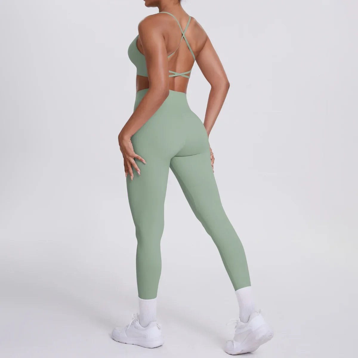 Cralom Seamless Yoga Set: Cross Back Sports Bra & High Waist Booty Lifting Leggings