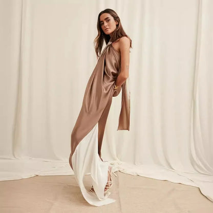 Cralom Spliced Neck Satin Evening Dress • Solid Color Sleeveless Elegant Design • Women's Fashion
