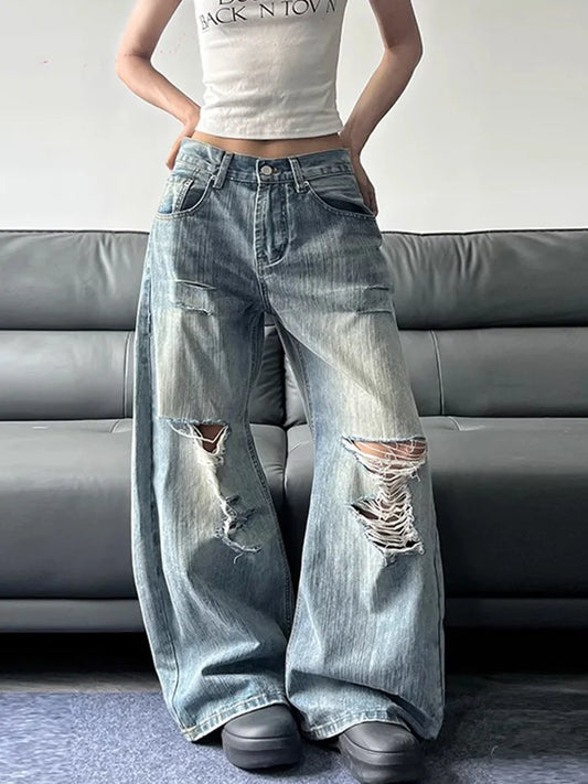 Cralom Vintage Distressed Baggy Jeans Women High Waist Wide Leg Pants