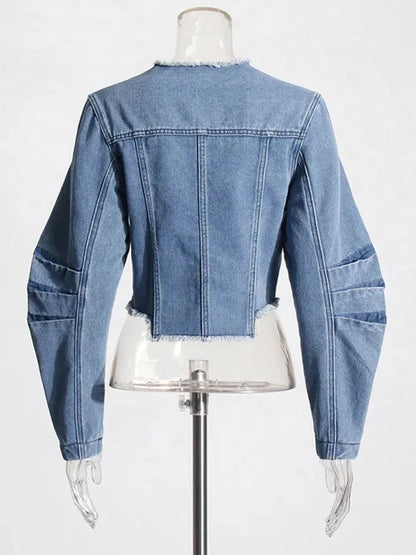 Cralom Rawhem Denim Coat - Round Neck Long Sleeve Slimming Jacket for Women