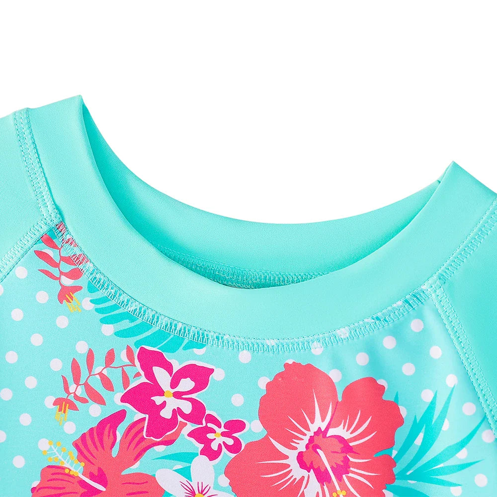 Girls' Cralom Floral Print Short Sleeve Swim Top & Boyleg Shorts Set, Turquoise Beach Swimwear