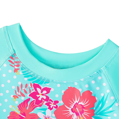 Girls' Cralom Floral Print Short Sleeve Swim Top & Boyleg Shorts Set, Turquoise Beach Swimwear